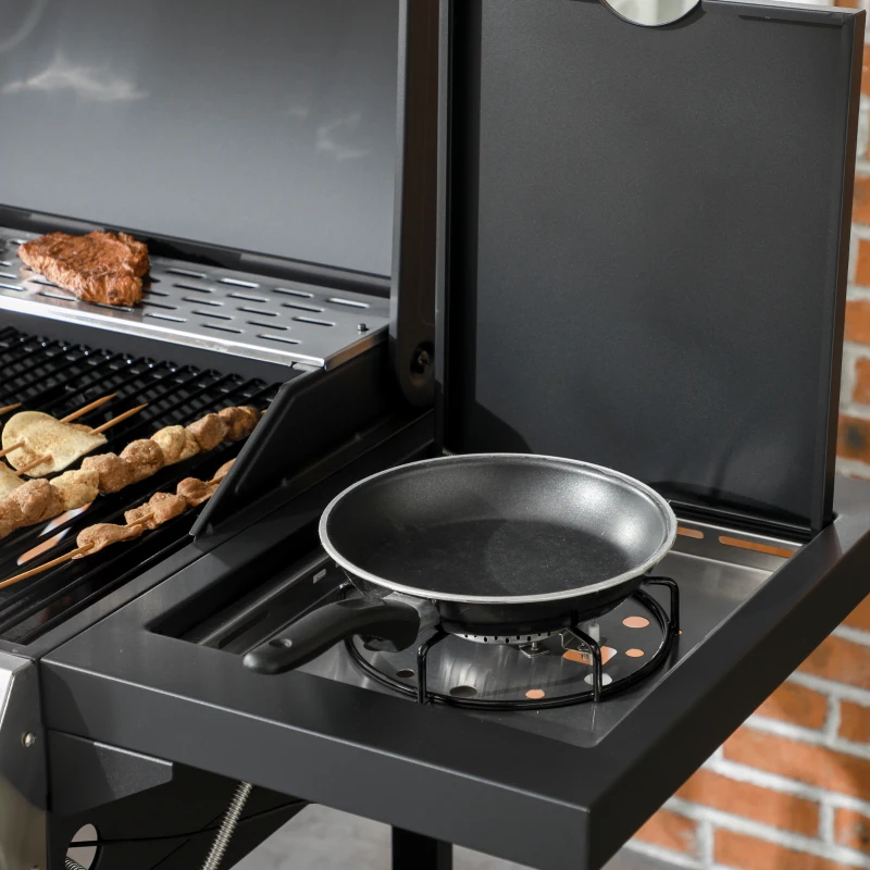 Outsunny Gasgrill, BBQ-grill, 4 hoofbranders, 1 zijbrander, 1 warmhoudplaat; 123 x 52 x 101cm, Zwart