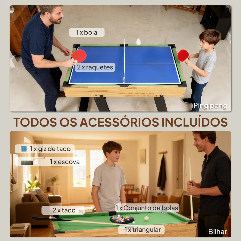 SPORTNOW Mesa Multijogos Dobrável 13 em 1 com Matraquilhos Ping Pong Xadrez Damas B e Acessórios 120x106x82 cm Madeira
