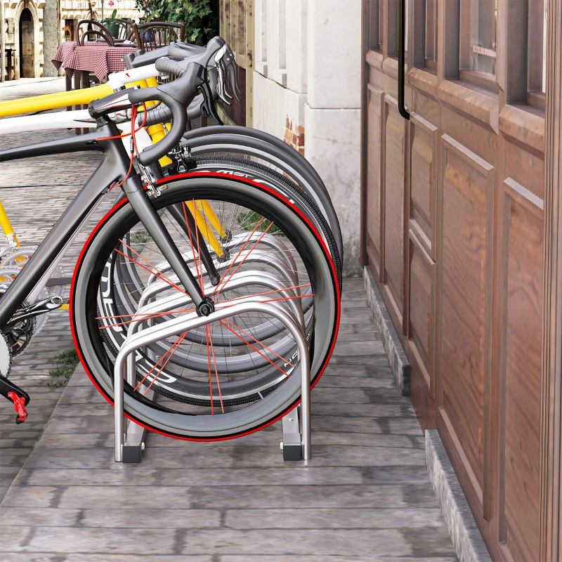 HOMCOM Rastrelliera Portabiciclette Parcheggio per 4 Biciclette in Acciaio, 110x33x27 cm, Argento