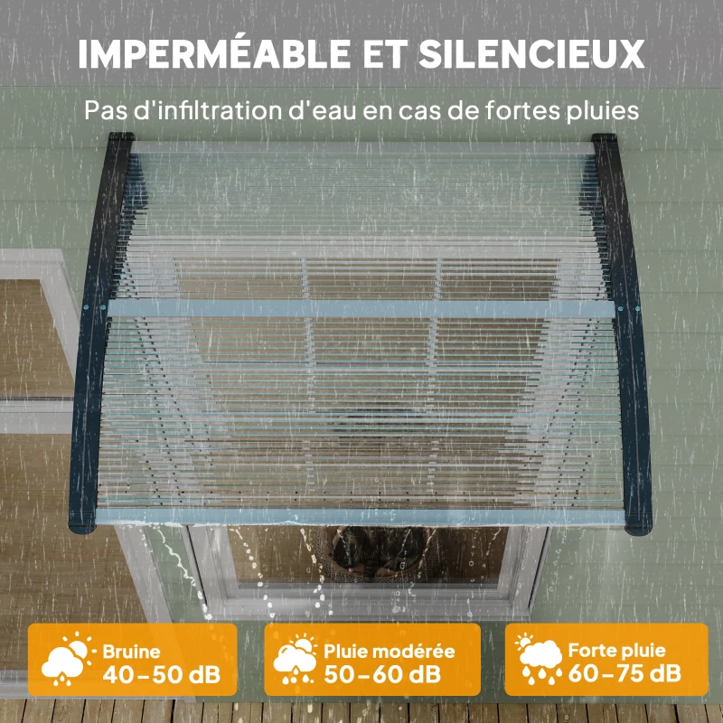 Outsunny Auvent de porte d'entrée, toit marquise de porte exterieur en polycarbonate et profil aluminium résistante toit abri protection contre la pluie et UV pour terrasse, balcon, 100x75cm, transp.