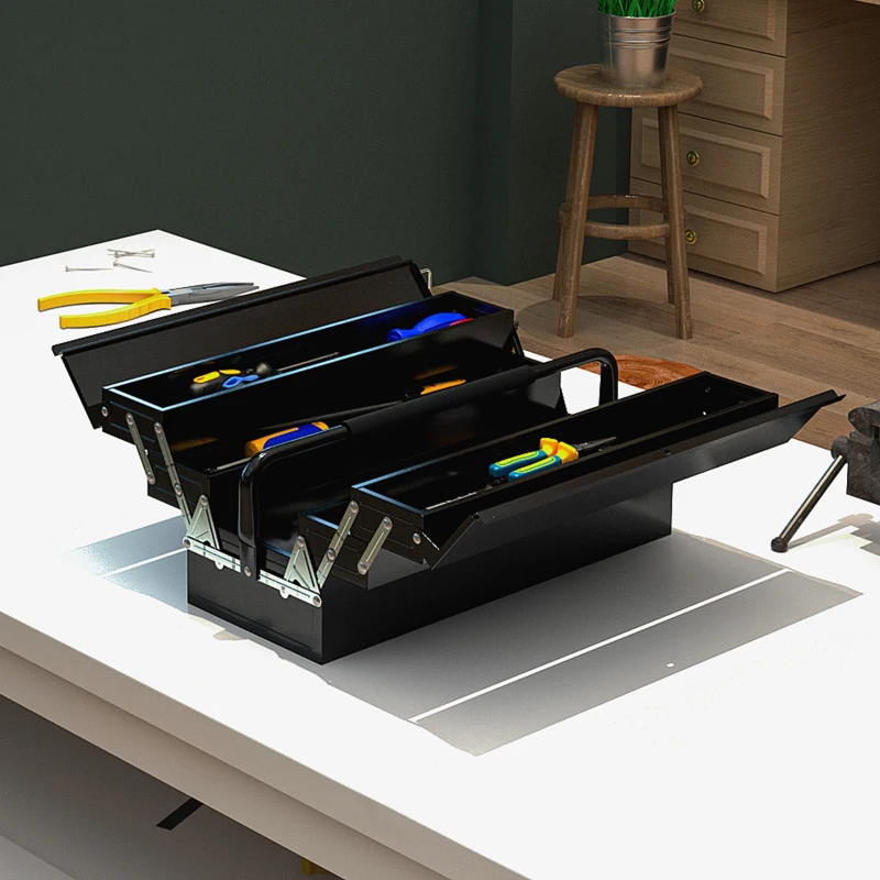 DURHAND Boite à outils métallique - coffret à outils - caisse à outils 3 niveaux 5 plateaux rétractables - tôle acier noir