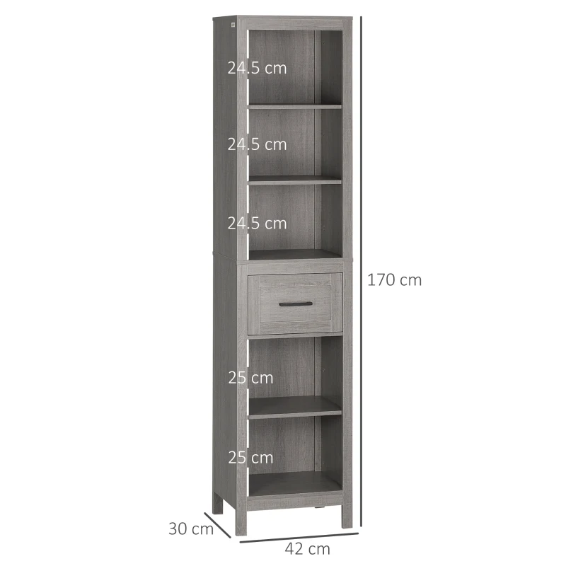kleankin Colonna Bagno in Truciolato con 5 Ripiani Aperti e un Cassetto, 42x30x170 cm, Grigio