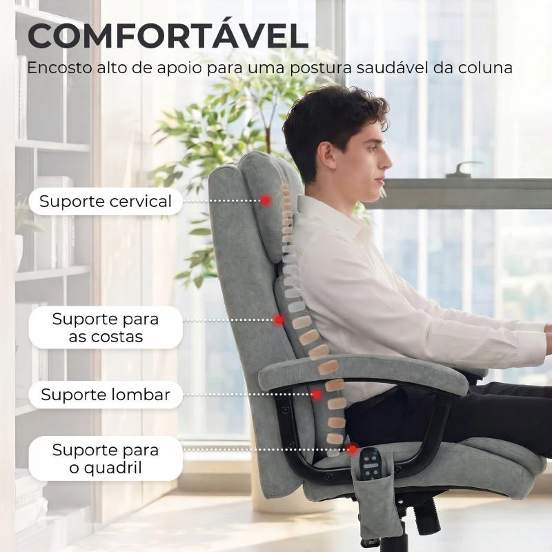 HOMCOM Cadeira de Escritório com Massagem de Amassamento em 4 Pontos Encosto Alto Altura Ajustável Assento Amplo Almofada Lombar Cinzento