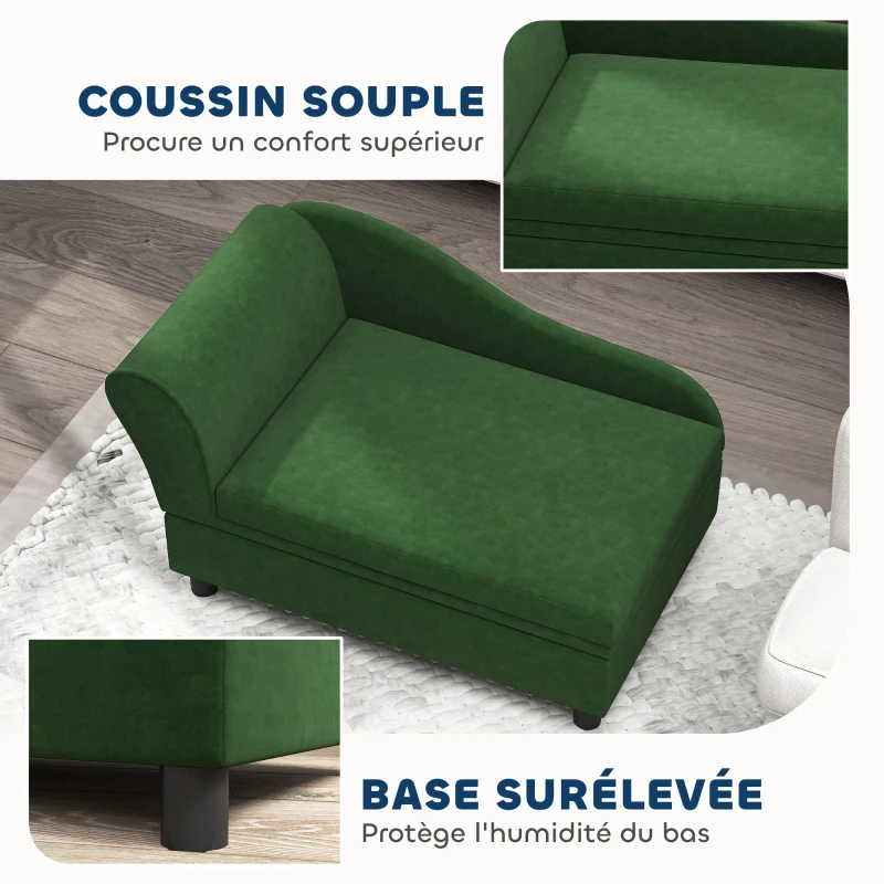 PawHut Canapé chien chat sur pied avec coffre de rangement style moderne coussin d'assise amovible 76 x 45 x 43 cm vert