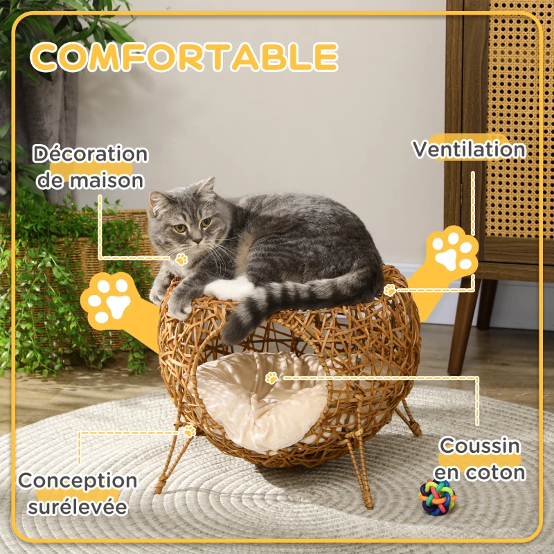 PawHut Niche pour chat lit pour chat panier chat maison de chat en rotin coussin épais Ø 40 x 32 cm marron clair
