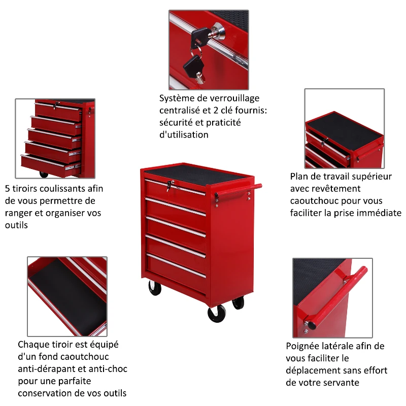 Homcom Caisse à Outils avec Chariot en Acier Rouge 68 x 39 x 71 cm