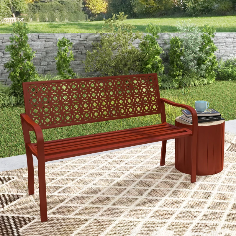Outsunny Buitenbank, Tuinbank van Staal, Uitgesneden Rugleuning, Armleuningen, Voor 2 Personen, Rood