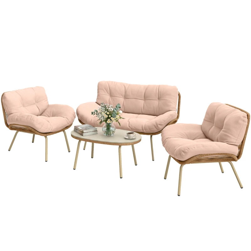 Outsunny Gartenmöbel Set 4-teilig Polyrattan Lounge-Set mit Zweisitzer 2 Sessel Tisch Tiefem Sitz Dicke Kissen