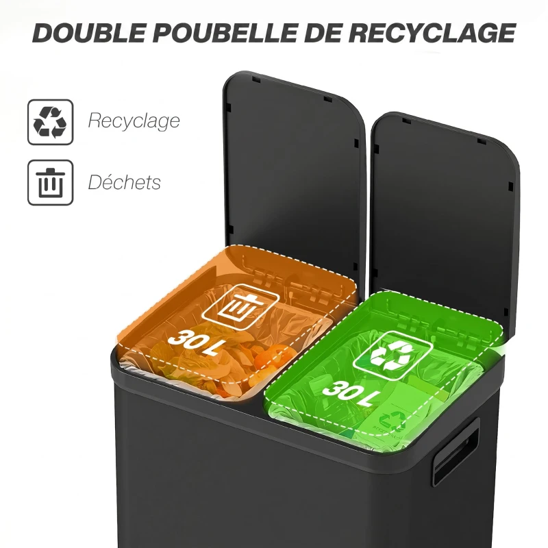 HOMCOM Poubelle de cuisine à double compartiment 2 x 30L avec pédale en acier inoxydable, couvercle à fermeture douce, noir