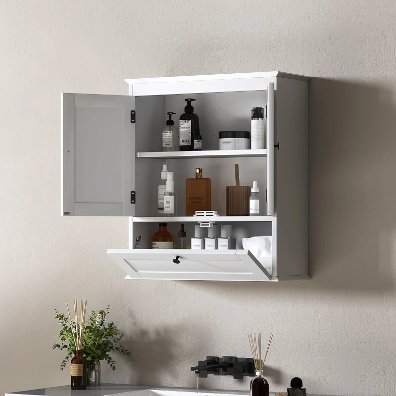 HOMCOM Bathroom Wall Cabinet with Adjustable Shelf and Recessed Doors, White