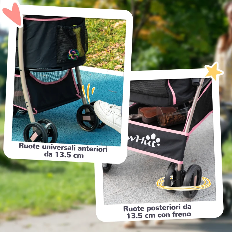 PawHut Passeggino per Cani 2 in 1 Pieghevole e Convertibile in Trasportino con 2 Guinzagli e Cuscino, Rosa