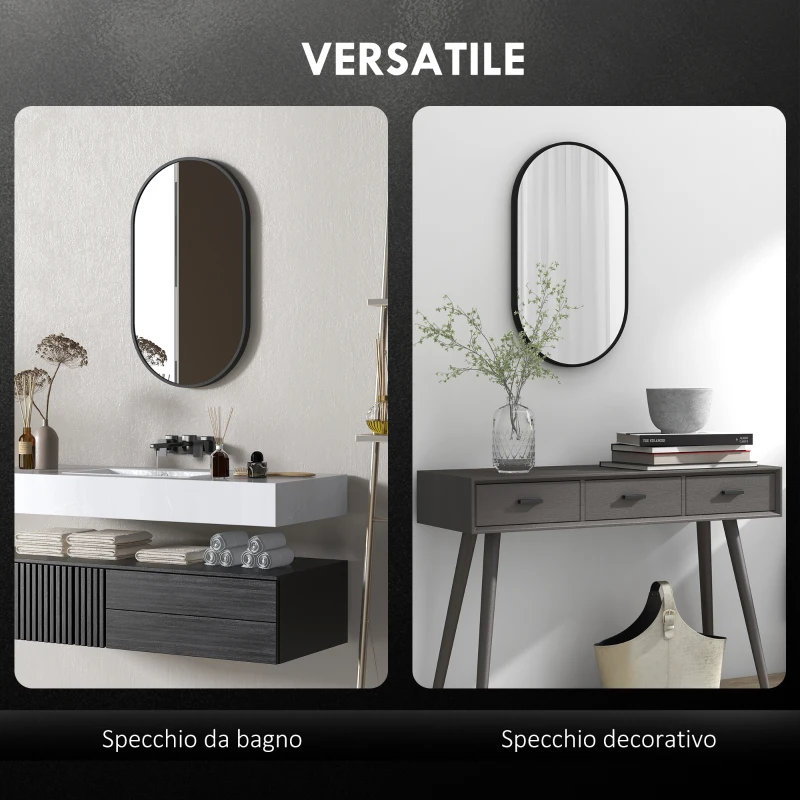 HOMCOM Specchio Bagno Ovale da Parete con Cornice in Alluminio, Verticale o Orizzontale, 40x70cm, Nero