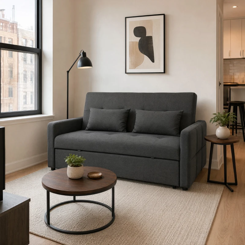 HOMCOM Sofá Convertible 2 Plazas 3 en 1, Sofá Cama Clic Clac 160 cm, Respaldo Regulable, Asiento Amplio, 2 Cojines, Gris oscuro