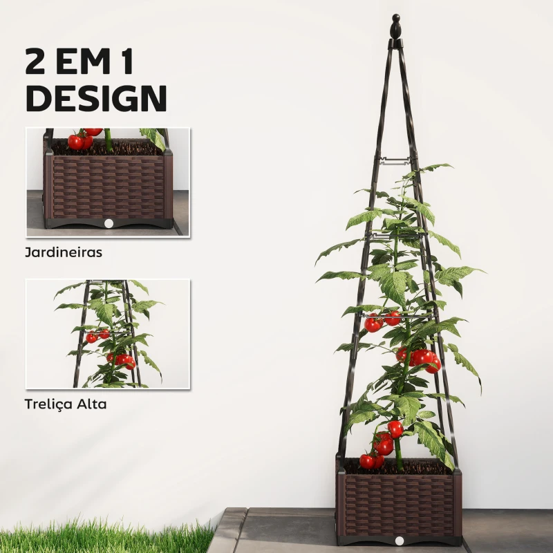Outsunny Floreira com Treliça Metálica para Plantas Trepadeiras Vaso de PP com Orifícios de Drenagem e Tampões 40x40x175 cm Preto