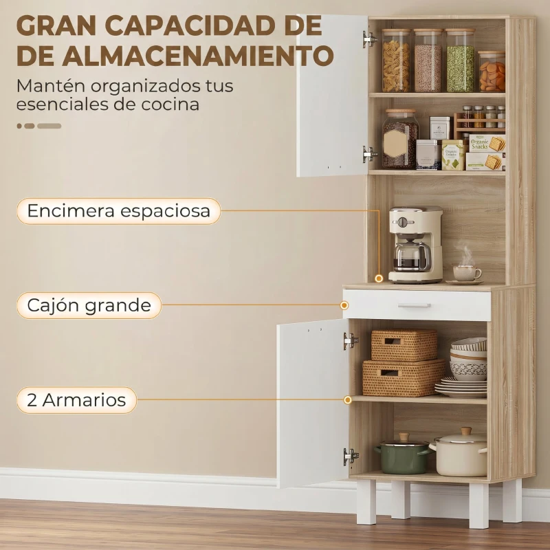 HOMCOM Aparador alto de cocina, armario de cocina con 2 puertas, cajón y encimera, 55x40x174 cm, blanco y madera natural