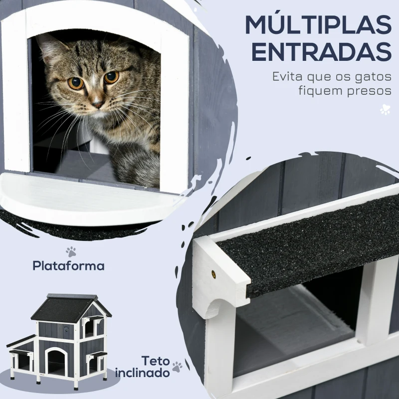 PawHut Casa para Gatos de Madeira com Suporte para Flores de 2 Níveis e Teto Asfáltico 96x65x85,5 cm Cinza