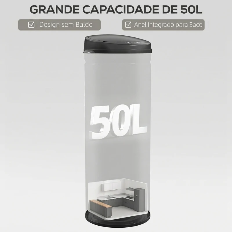HOMCOM Caixote do Lixo Automático 50 L com Sensor Infravermelho, Fecho Automático, Antidedadas, Aço Inoxidável, Preto
