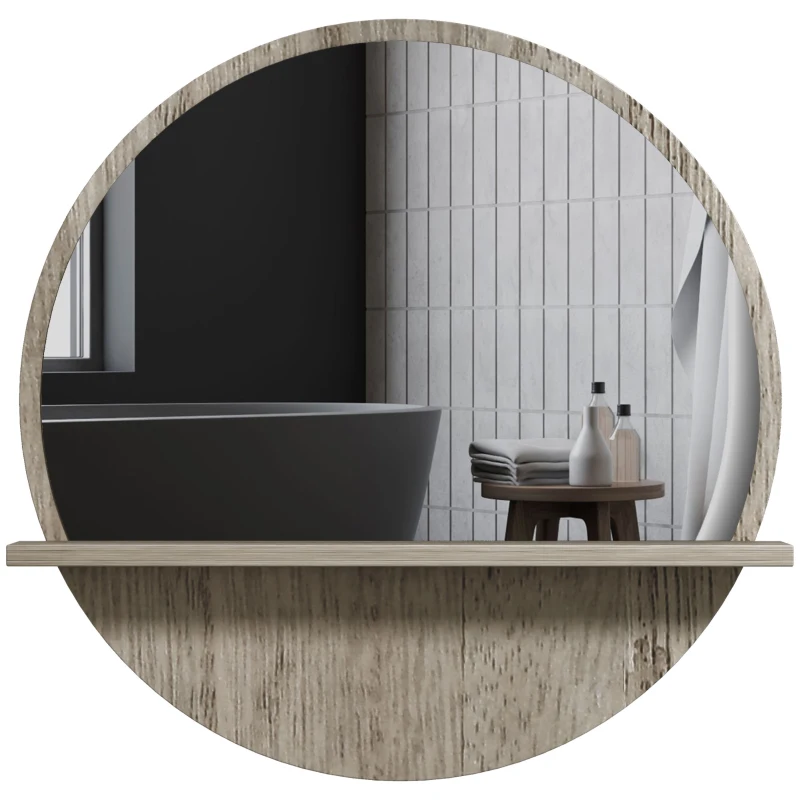 kleankin 45cm Round Home Mirror, with Shelf - Grey Wood-Effect