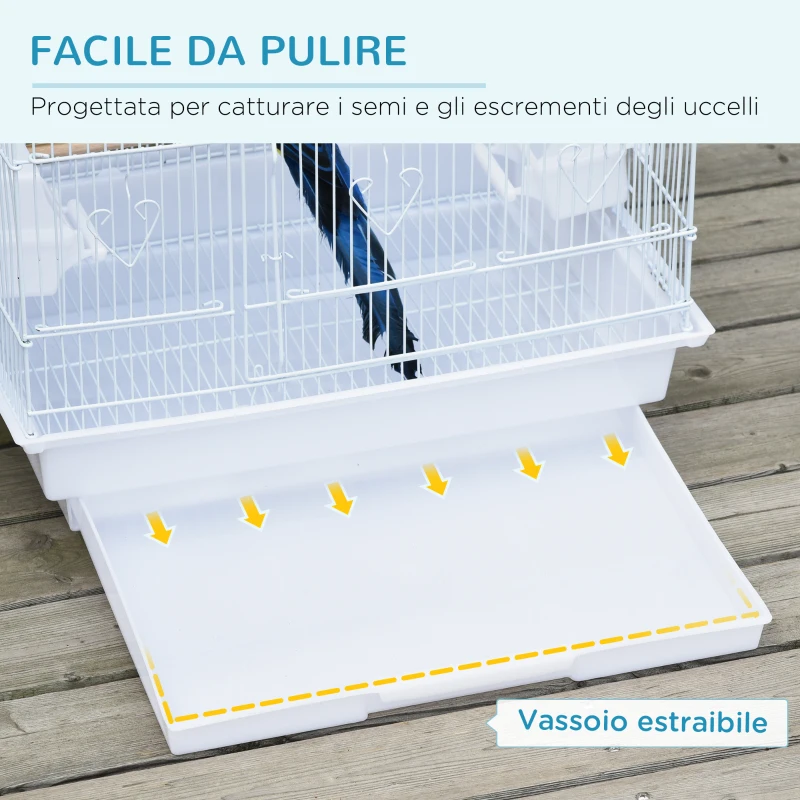 PawHut Gabbia per Uccelli Portatile con Maniglia, Vassoio Estraibile e Porte, Voliera per Pappagallini con Posatoi in Legno, Altalena e Ciotole per Cibo, 46.5x35.5x92cm, Bianco