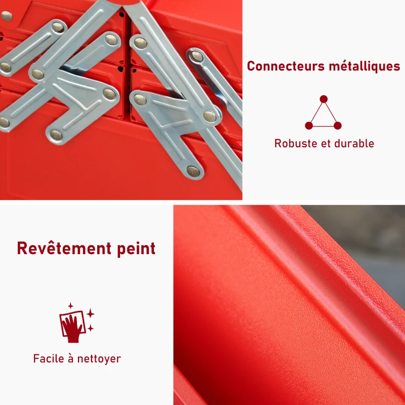 DURHAND Boite à outils métallique - coffret à outils - caisse à outils 3 niveaux 5 plateaux rétractables - tôle acier rouge
