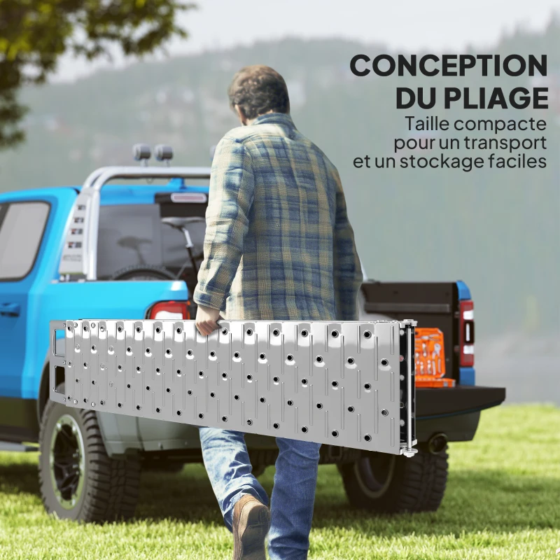 HOMCOM Rampe de chargement pliable 230 kg, rampe d'accès motos en acier galvanisé sangles de sécurité, 190 x 22 x 8 cm, argent