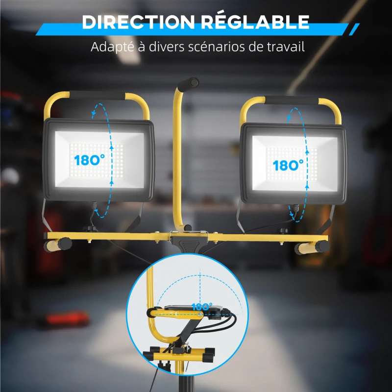 HOMCOM Projecteur de chantier sur trépieds 2 x 100W, 17000LM, double tête pivotante 360° support ajustable étanche IP65, jaune