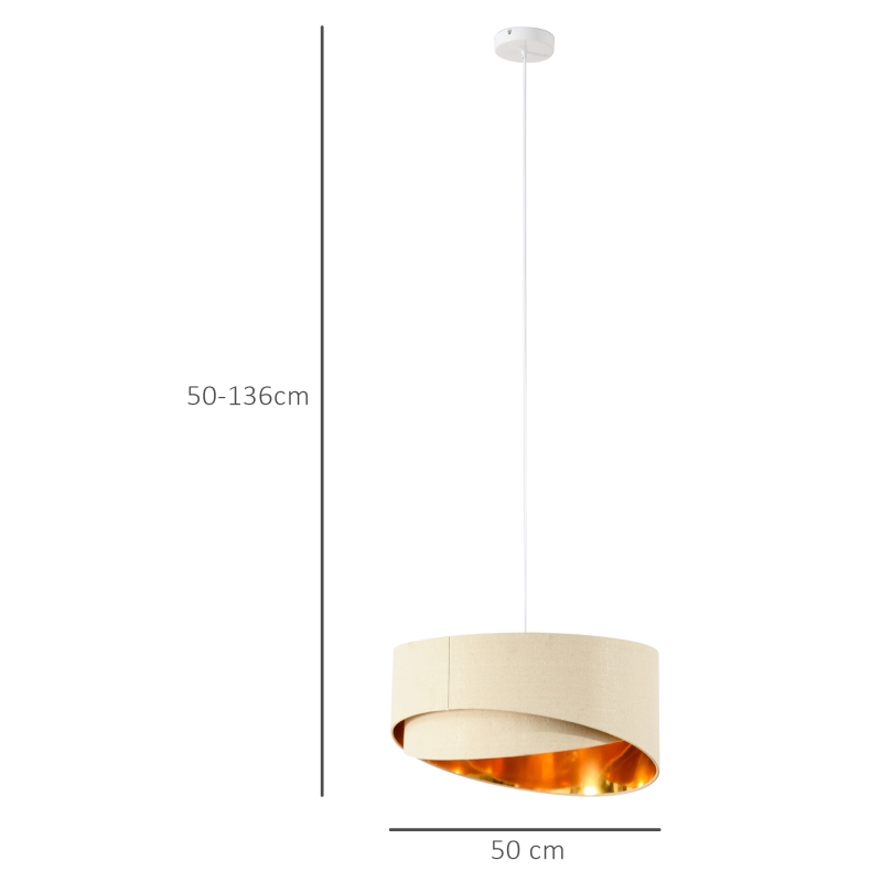 HOMCOM Modern Pendant Light with Adjustable Hanging Chain and Two Bevel Nested Lampshade, Metal Chandelier for Living Room, Bedroom, Dining Room, Office, Beige and Gold