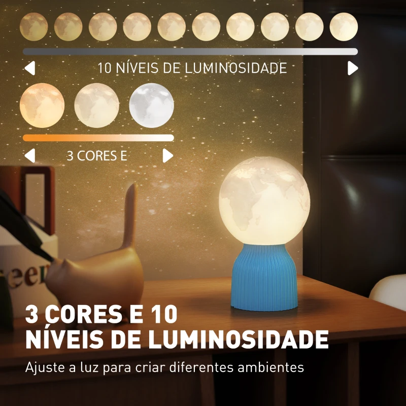 HOMCOM Conjunto de 3 Candeeiros de Mesa de Cabeceira 3D Candeeiros de Mesa com 3 Cores Brilho Ajustável em 10 Níveis Conexão USB Branco