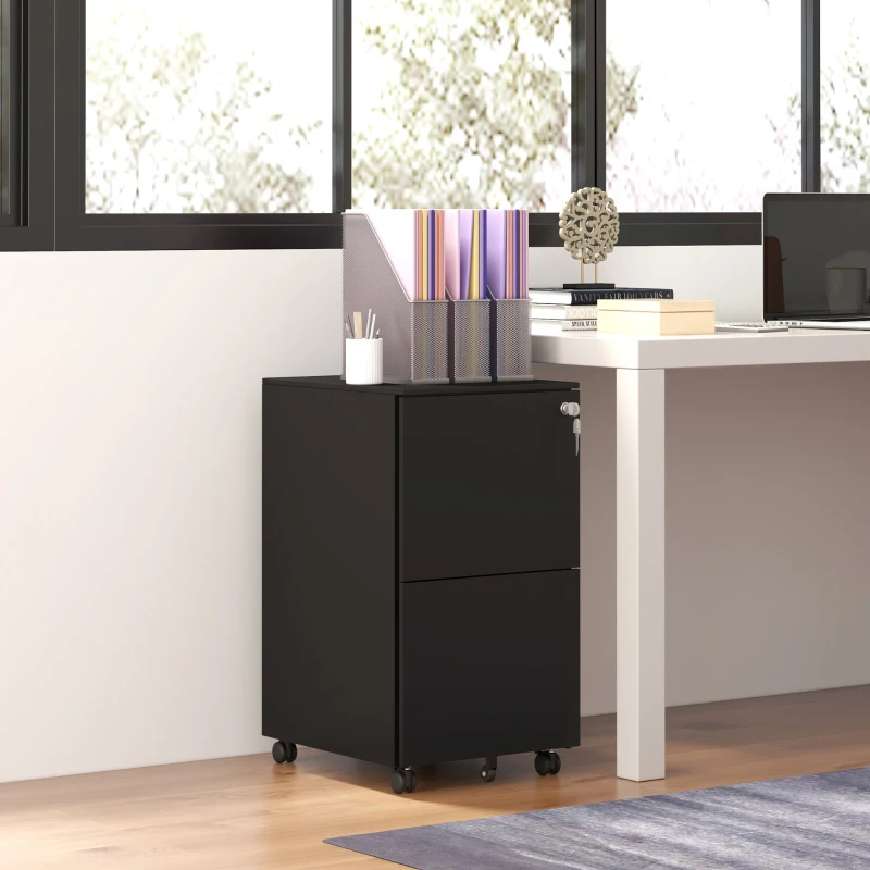 Vinsetto 2-Drawer Filing Cabinet with Lock and 5 Wheels, Steel Mobile File Cabinet, for A4, Legal and Letter Size, Pre-Assembled Body, Black