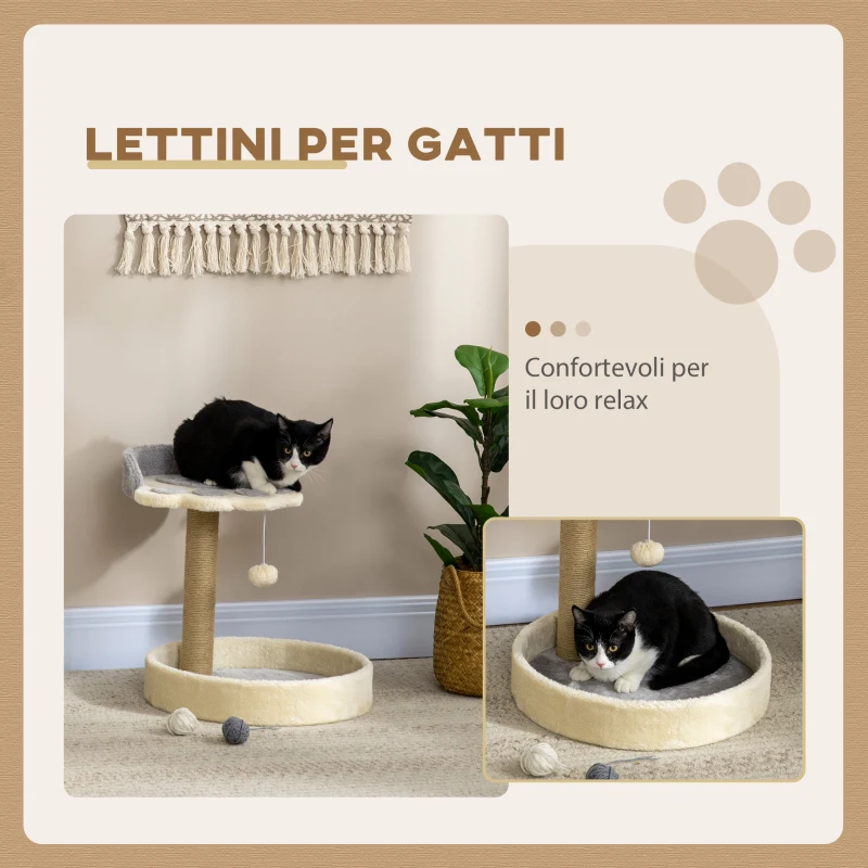 PawHut Tiragraffi per Gatti con Lettini, Corda in Juta e Peluche, 41x41x44 cm, Grigio e Beige