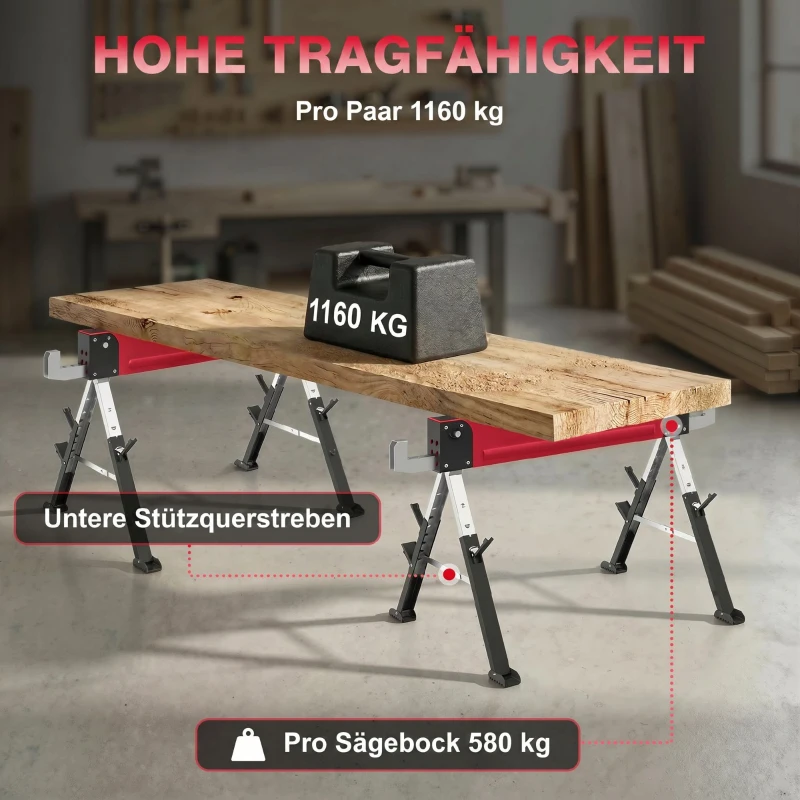 HOMCOM 2-delige set zaagbokken tot 1160 kg, inklapbaar, 7-voudig in hoogte verstelbaar (64-81 cm), metalen werkbokken met handgreep, rood