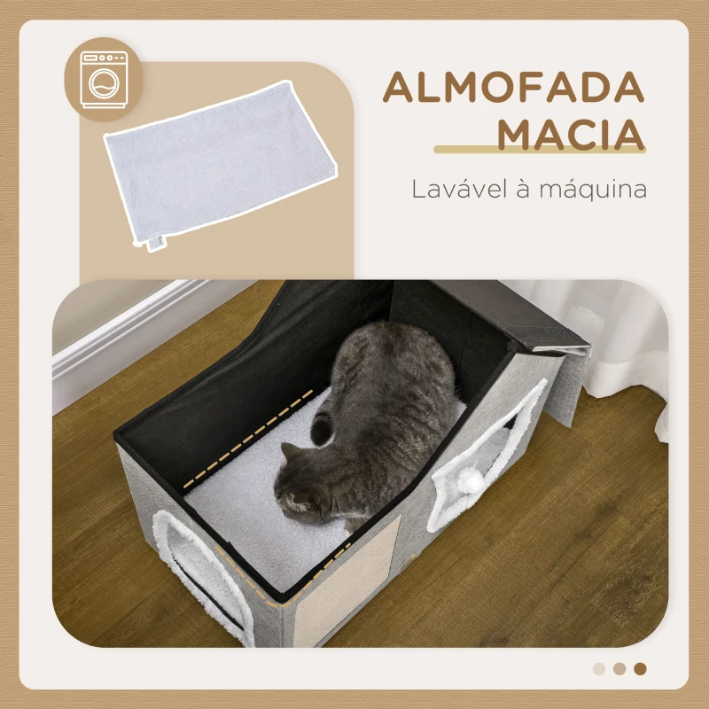 PawHut Casa para Gatos com Almofada para Arranhar almofada Macia e Bola Suspensa 65x41x45,5 cm Cinza