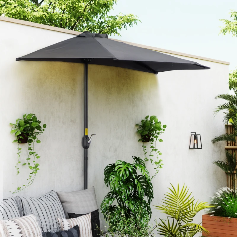 Outsunny Sombrilla 269x138x236 cm Parasol de Jardín con Manivela y Forma Semicircular Tela Poliéster 180 g/m² para Exterior Terraza Patio Piscina Gris