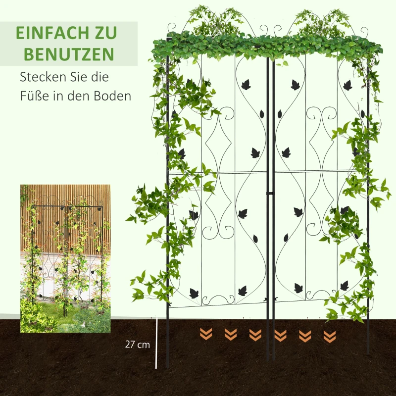 Outsunny Rankgitter Stahl 2er Set zum Stecken rostfrei Rankhilfe mit Blättern 50 x 186 cm Schwarz