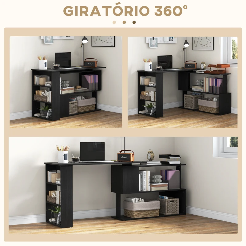 HOMCOM Mesa de Computador Secretária Mesa de Canto Giratória 360° com 5 Prateleiras 120x110x74,5 cm Preto