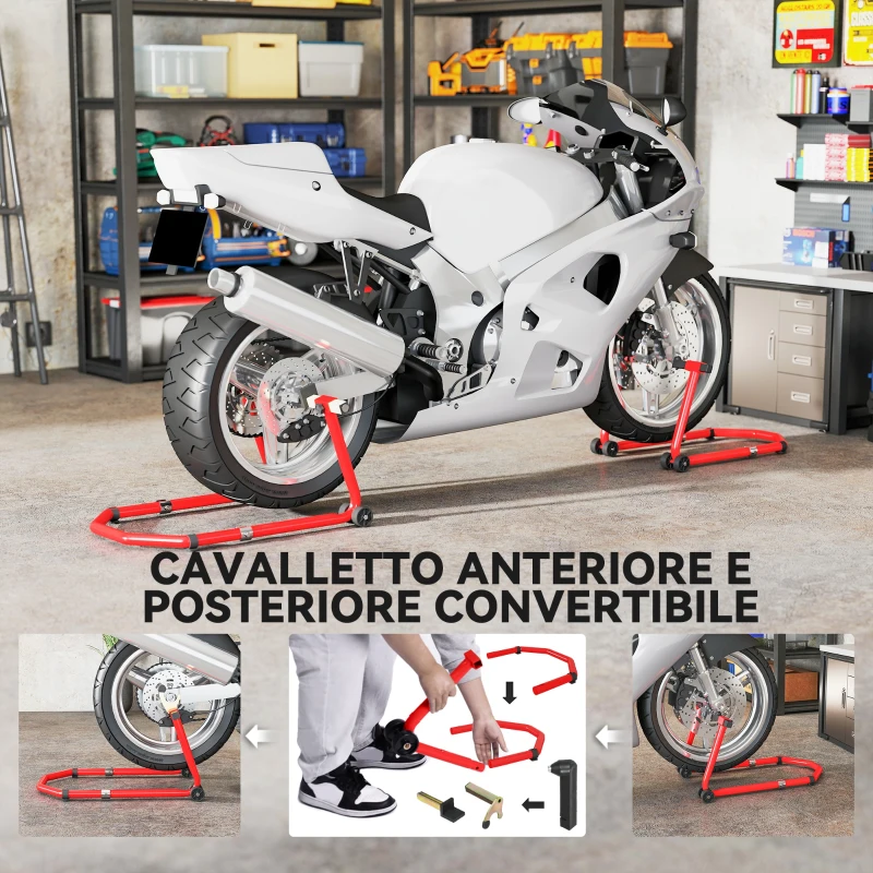 HOMCOM Cavalletto Moto Anteriore e Posteriore con Capacità 390 kg, Forcelle a U e L, Rotelle e Cuscinetti Antiscivolo, Rosso