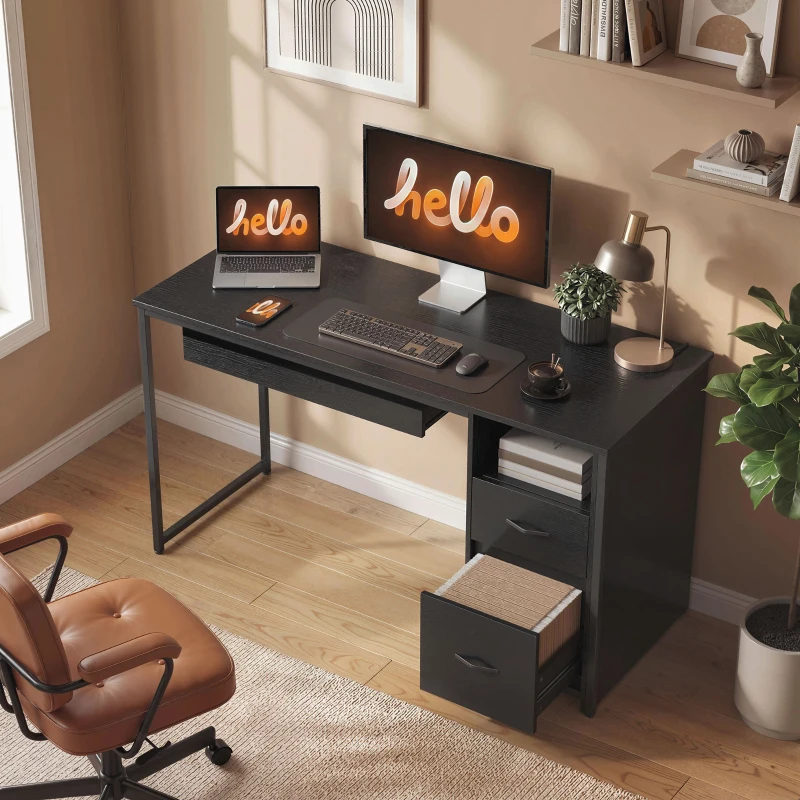 HOMCOM Scrivania Moderna con Cassetti, Ripiani Aperti e Porta Tastiera, in Legno e Acciaio, 120x52.3x76 cm, Nero