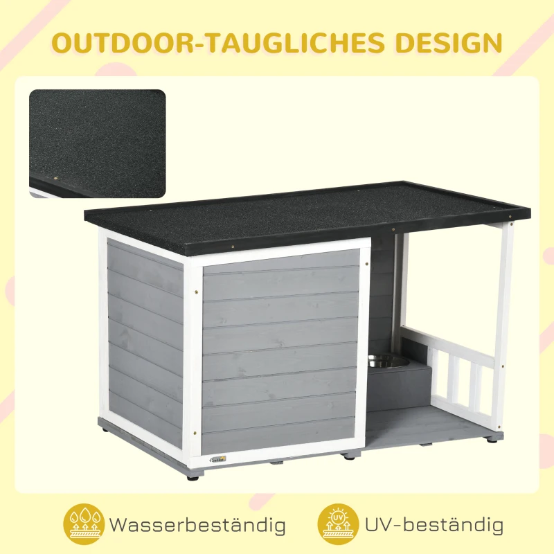 PawHut Hundehütte aus Massivholz, mit 2 Fressnäpfen, Veranda, wetterbeständig, 103 cm x 62 cm x 66 cm, Grau + Weiß