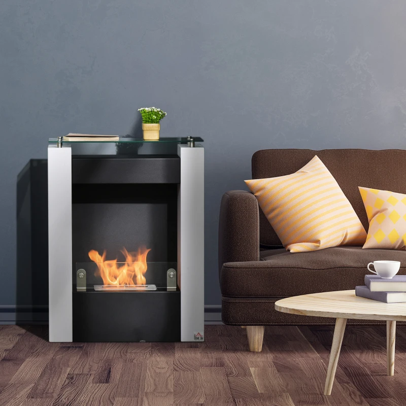 HOMCOM Cheminée bioéthanol brûleur 0,9 L avec plateau de rangement en verre trempé 60 x 20 x 79 cm Acier Noir et Blanc