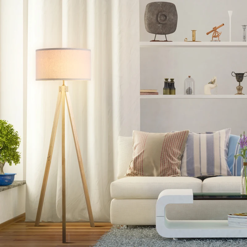 HOMCOM Lampada da Terra con Treppiede e Paralume in Lino Beige per Soggiorno, Compatibilità Lampadine E27, Ф45 x 152cm