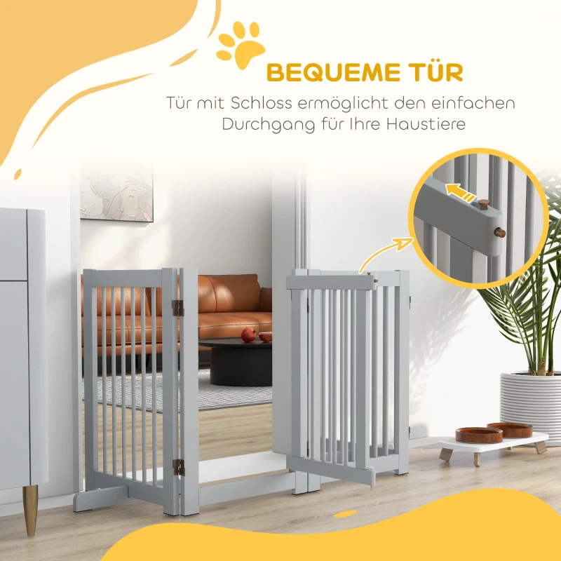 PawHut Vrijstaand hondenhek, 4 panelen, flexibel, vurenhout, 204L x 36B x 75H cm, Lichtgrijs(m-5)