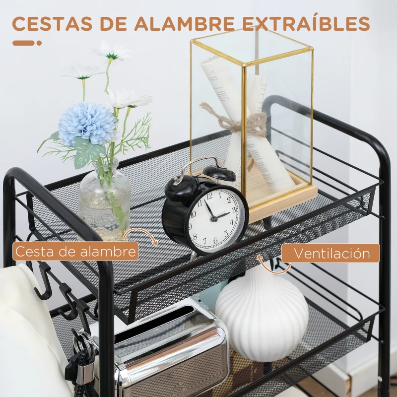HOMCOM Carrito de Cocina de 4 Niveles Carrito de Almacenamiento con 4 Ganchos Carga 12 kg para Comedor Baño 45x26,5x84 cm Negro