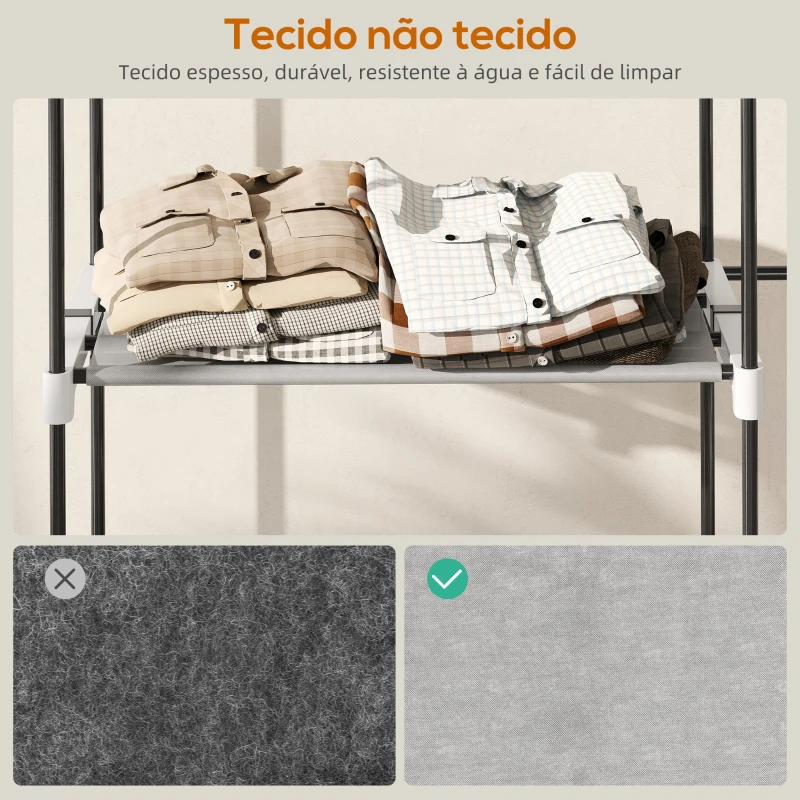 HOMCOM Armário de Roupa Aberto 142x43x185 cm Armário para Roupas com 4 Prateleiras de Tecido 3 Barras para Pendurar Cinzento