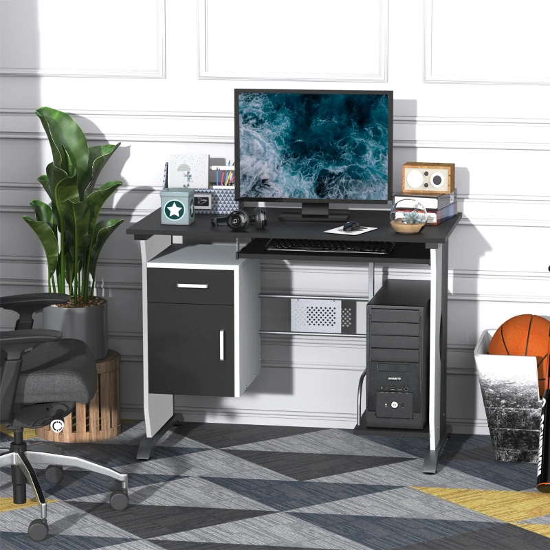 HOMCOM Computerbureau bureau met antislip schuiflades zwart + wit + zilver