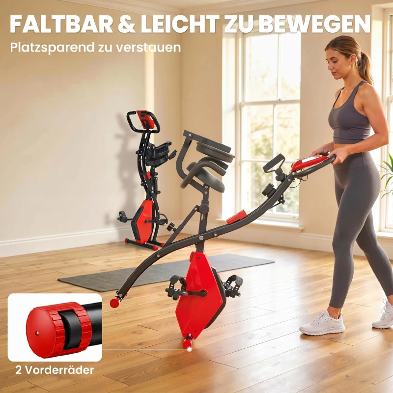 HOMCOM Vélo d'Appartement Pliable 4-en-1 - Ergomètre Magnétique Silencieux avec Cordes de Résistance - Sport Maison et Cardio-training avec Roulettes, Selle Confort et LCD (Max 120kg), Rouge