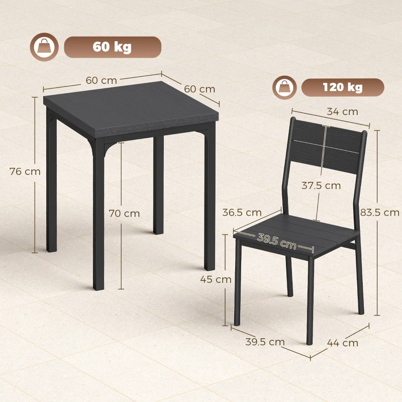 HOMCOM 3 Piece Space-Saving Kitchen Table and Chairs, Dining Table Set for 2 with Metal Legs, Black Wood Effect