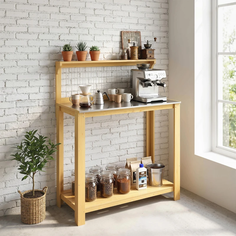 Outsunny Wooden Potting Bench Table with Aluminium Worktop, Outdoor Garden Workbench with 2 Shelves