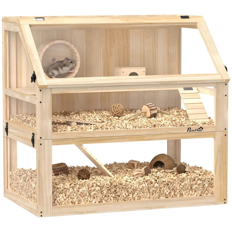 PawHut Hamsterkäfig aus Holz 3 Etagen Nagarium Nagerkäfig mit klappbarem Deckel Laufrad 80 x 50 x 76 cm Naturholz(m-12)