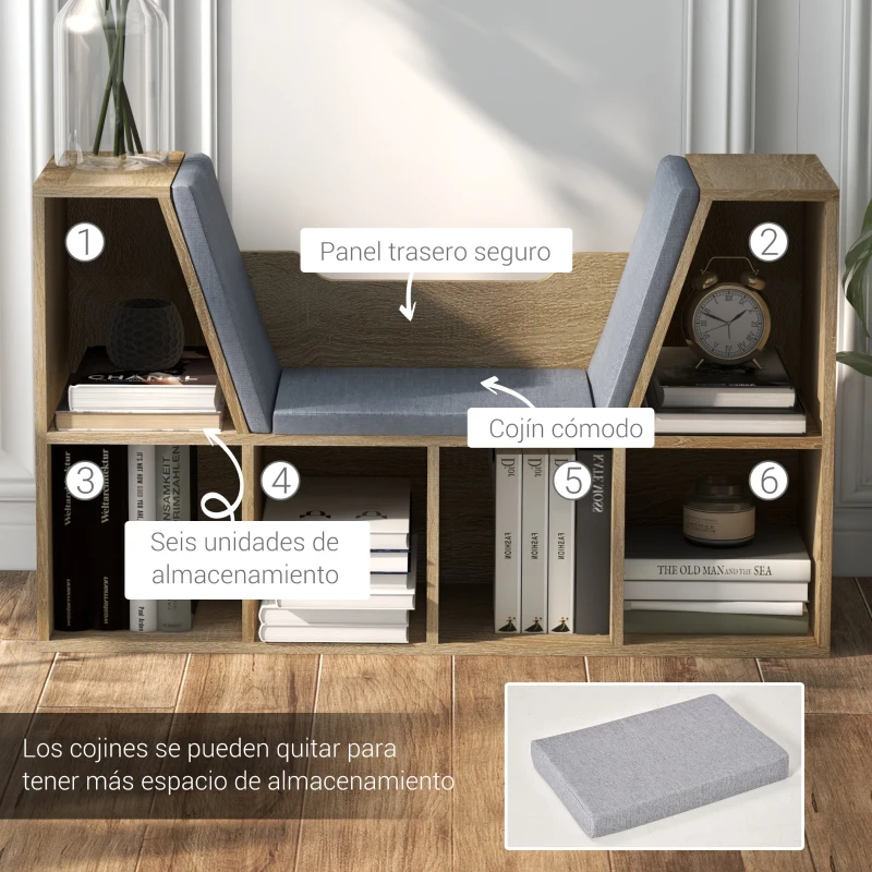 HOMCOM Librería con Asiento Estantería de Libros con 6 Cubos Cojín para Sala de Estar Dormitorio 102x30x61cm Roble y Gris
