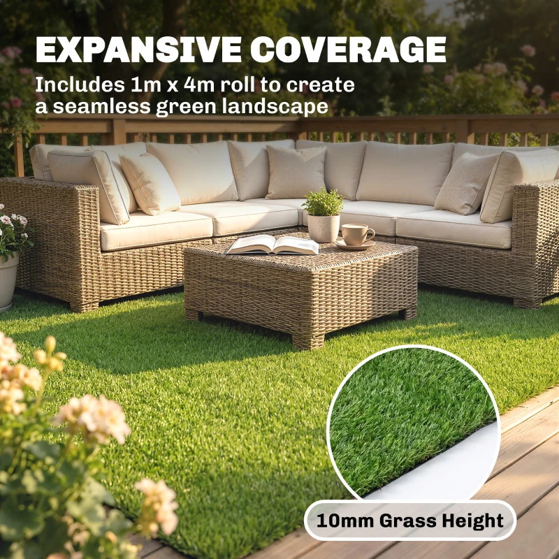 Outsunny Artificial Grass Turf Low Maintenance Realistic Lawn Pet Turf with Drain Holes for Garden 1m x 4m Green